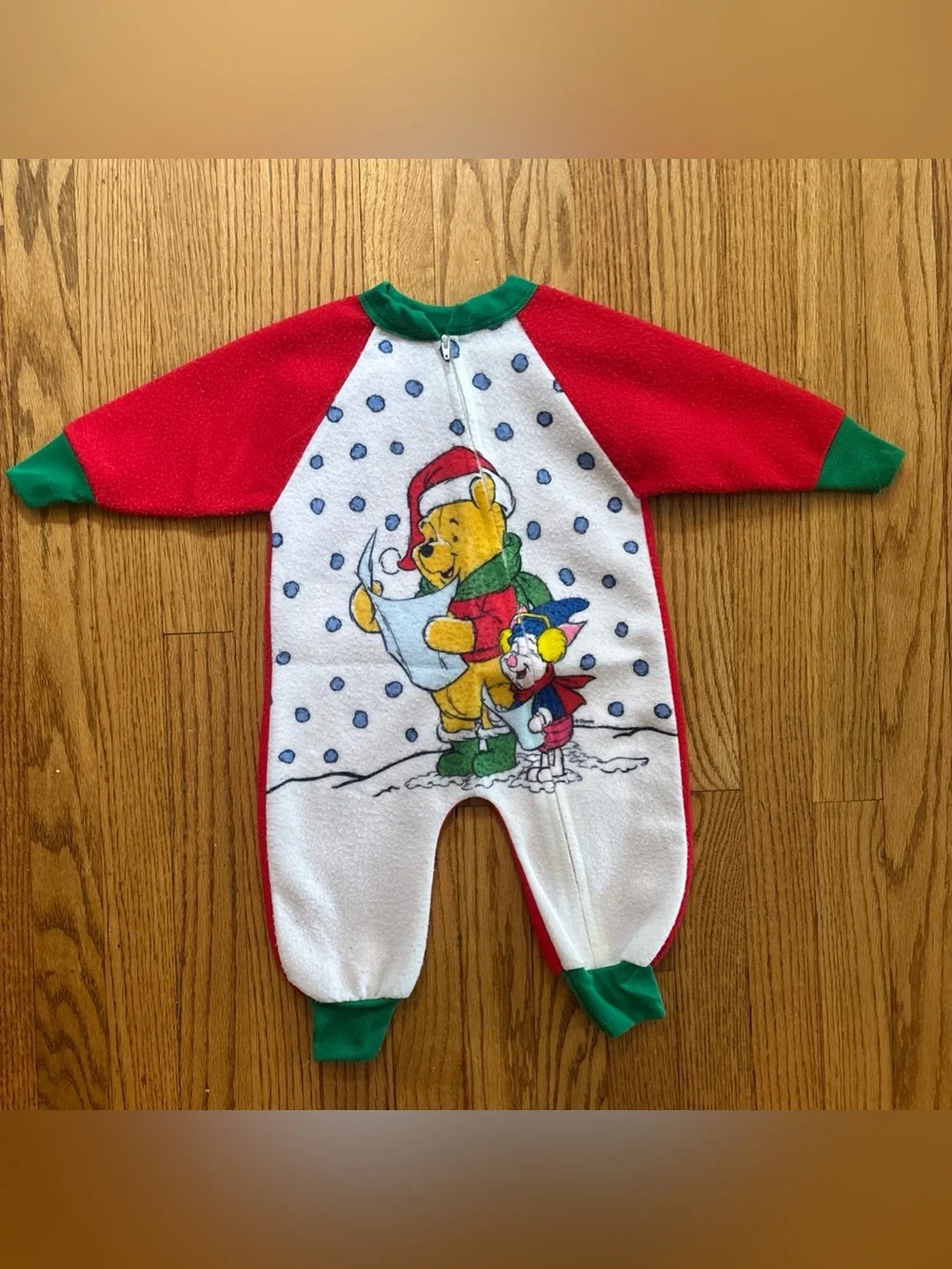 Vtg 90s Winnie the Pooh Sz 6-12 Mo. Fleece One Piece Pajamas Piglet Christmas